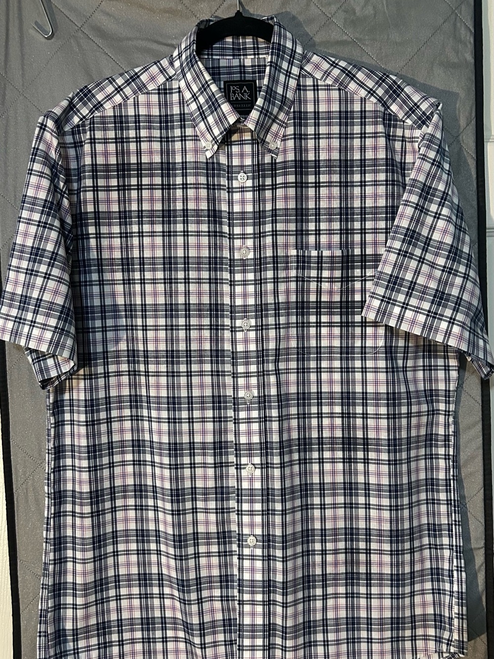 Jos. A. Bank Short-Sleeve Plaid Button-Down Shirt - White, Navy & Light Purple